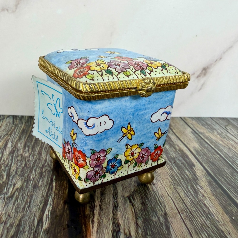 Vintage Stamp Box Enamel Floral Butterfly Garden Footed Hinged Lid 2003